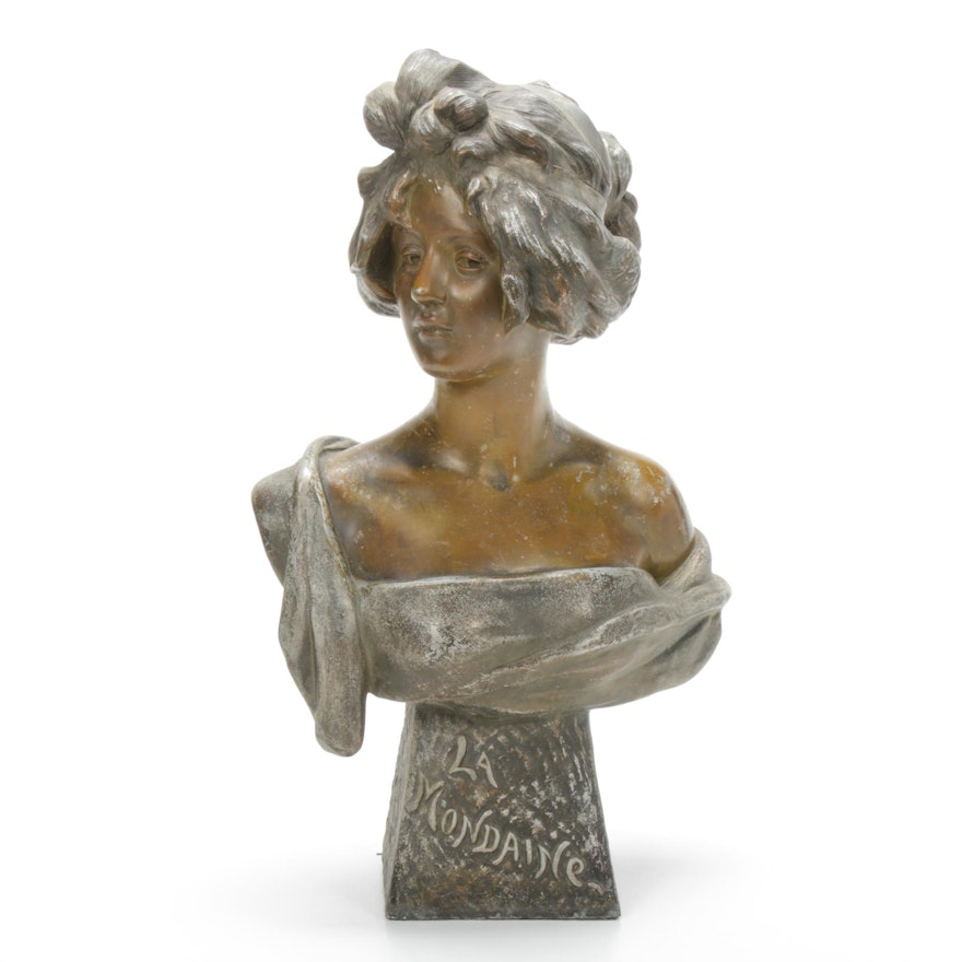 Art Nouveau Cast Spelter Bust of Woman "La Mondaine", Early 20th Century