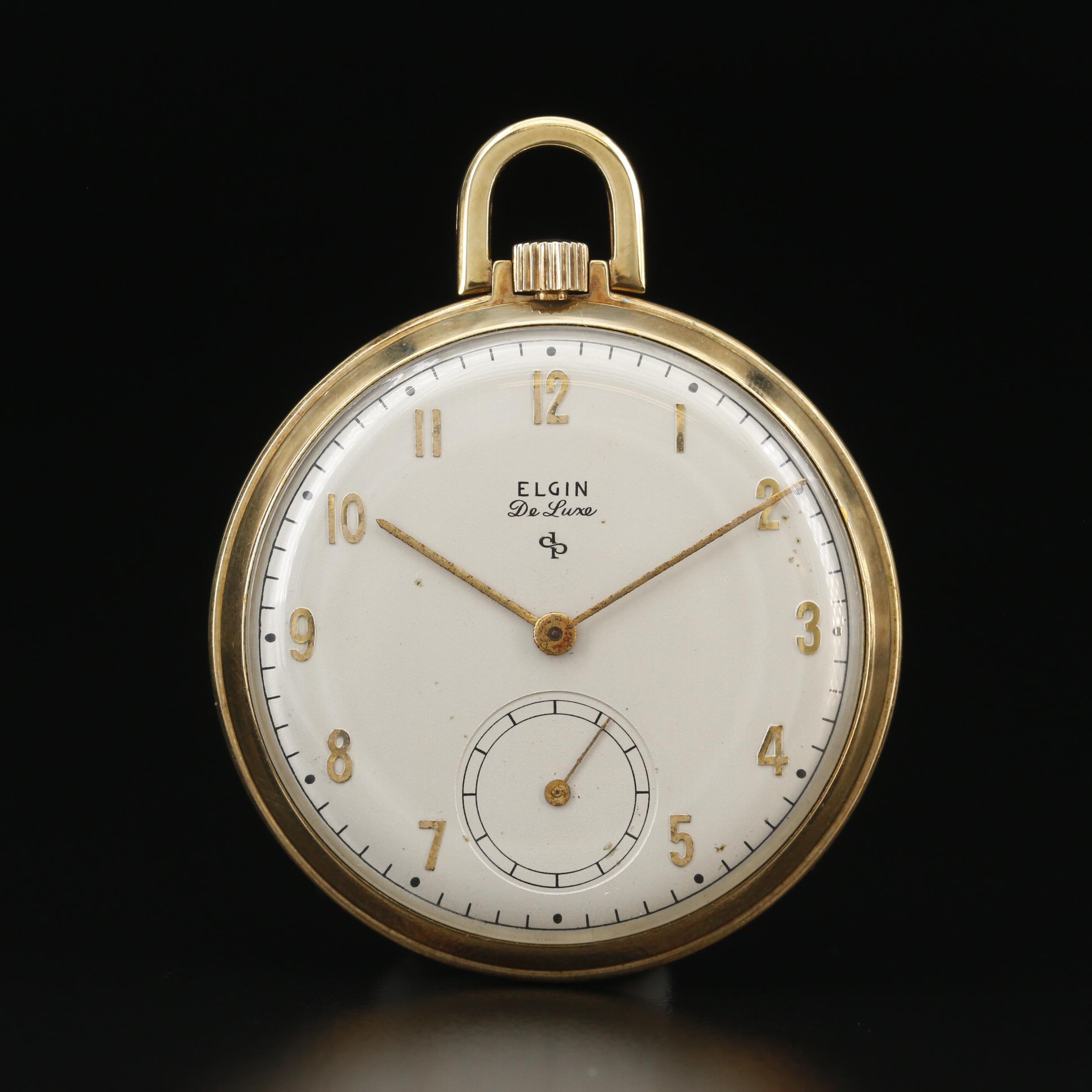 Vintage Elgin Deluxe 10K Gold Filled Open Face Pocket Watch