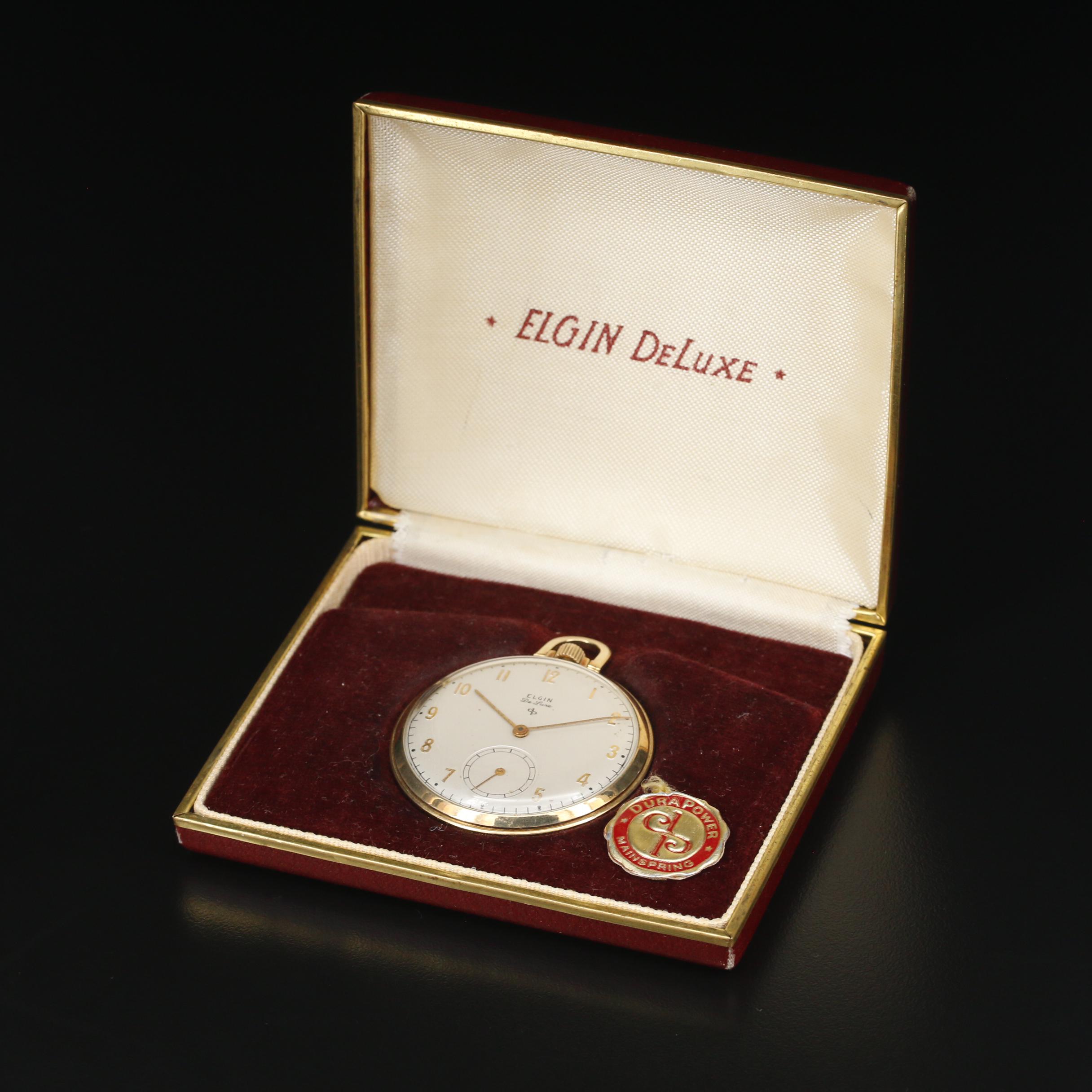 Vintage Elgin Deluxe 10K Gold Filled Open Face Pocket Watch