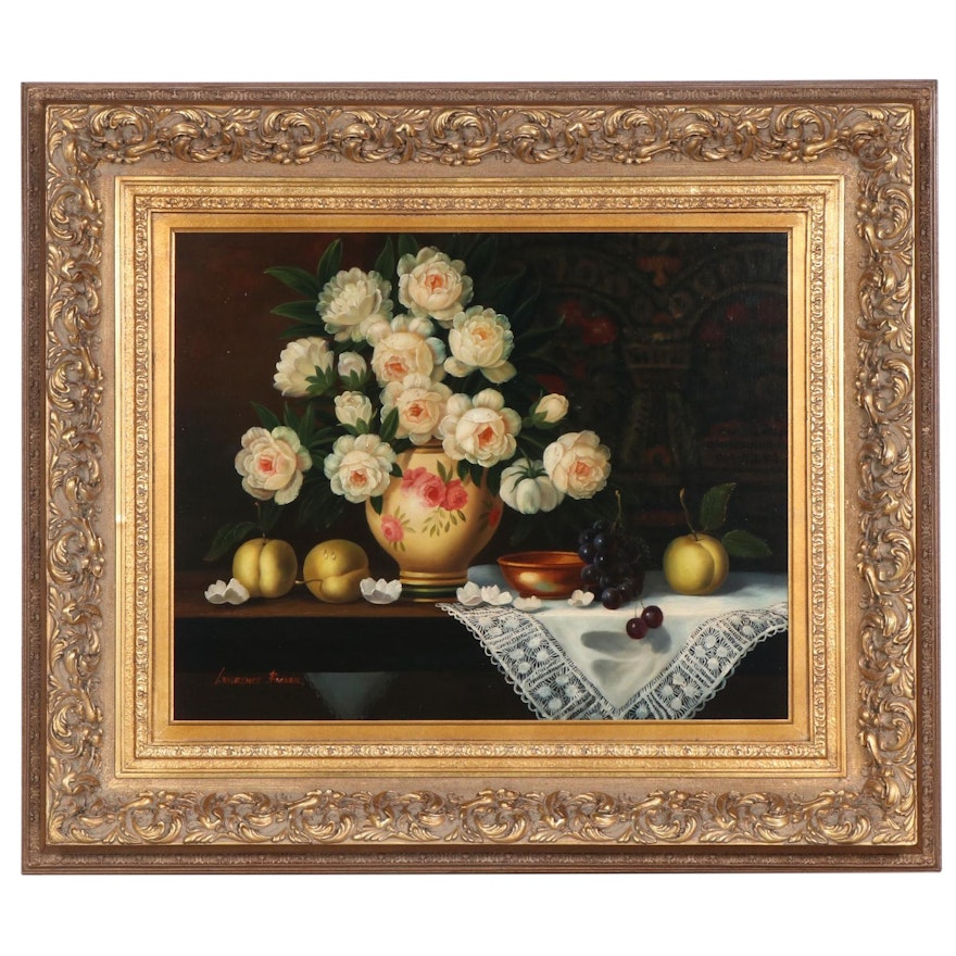 Lawrence Backer Still Life of Flowers and Fruit Oil Painting, Late 20th Century