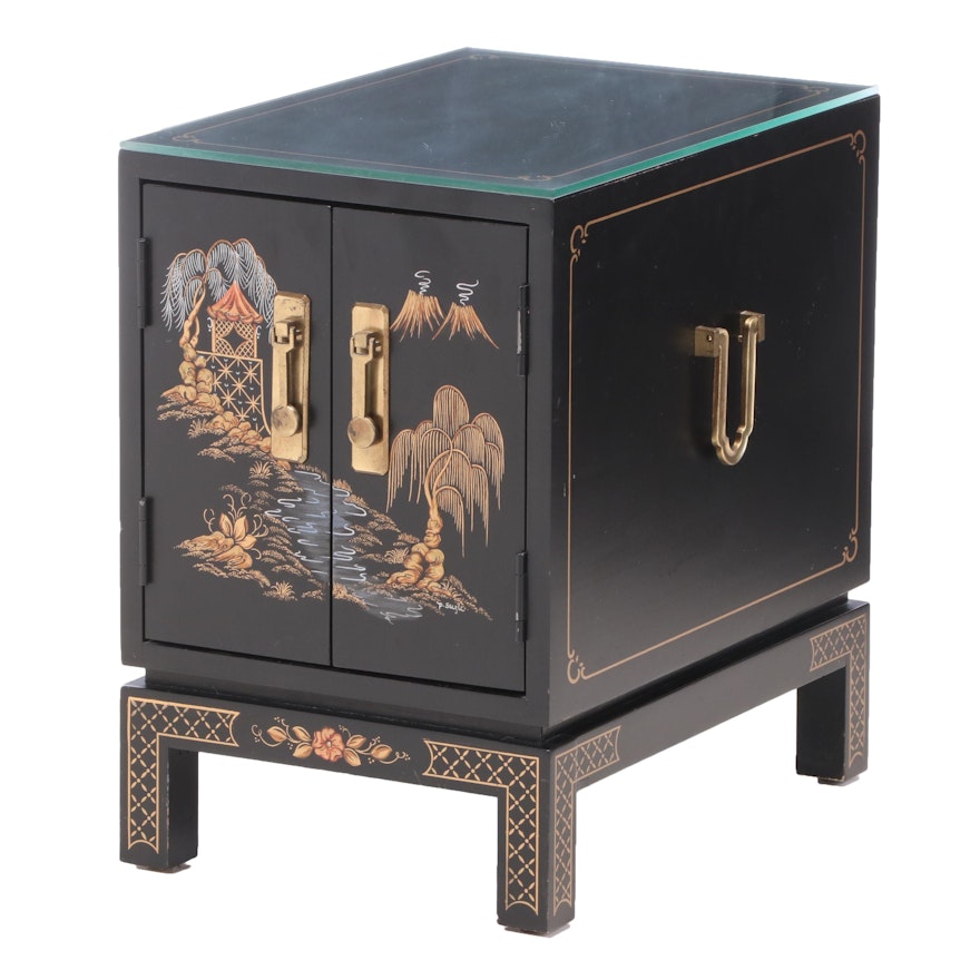Chinese Style Ebonized, Parcel-Gilt, and Polychrome-Decorated Side Cabinet