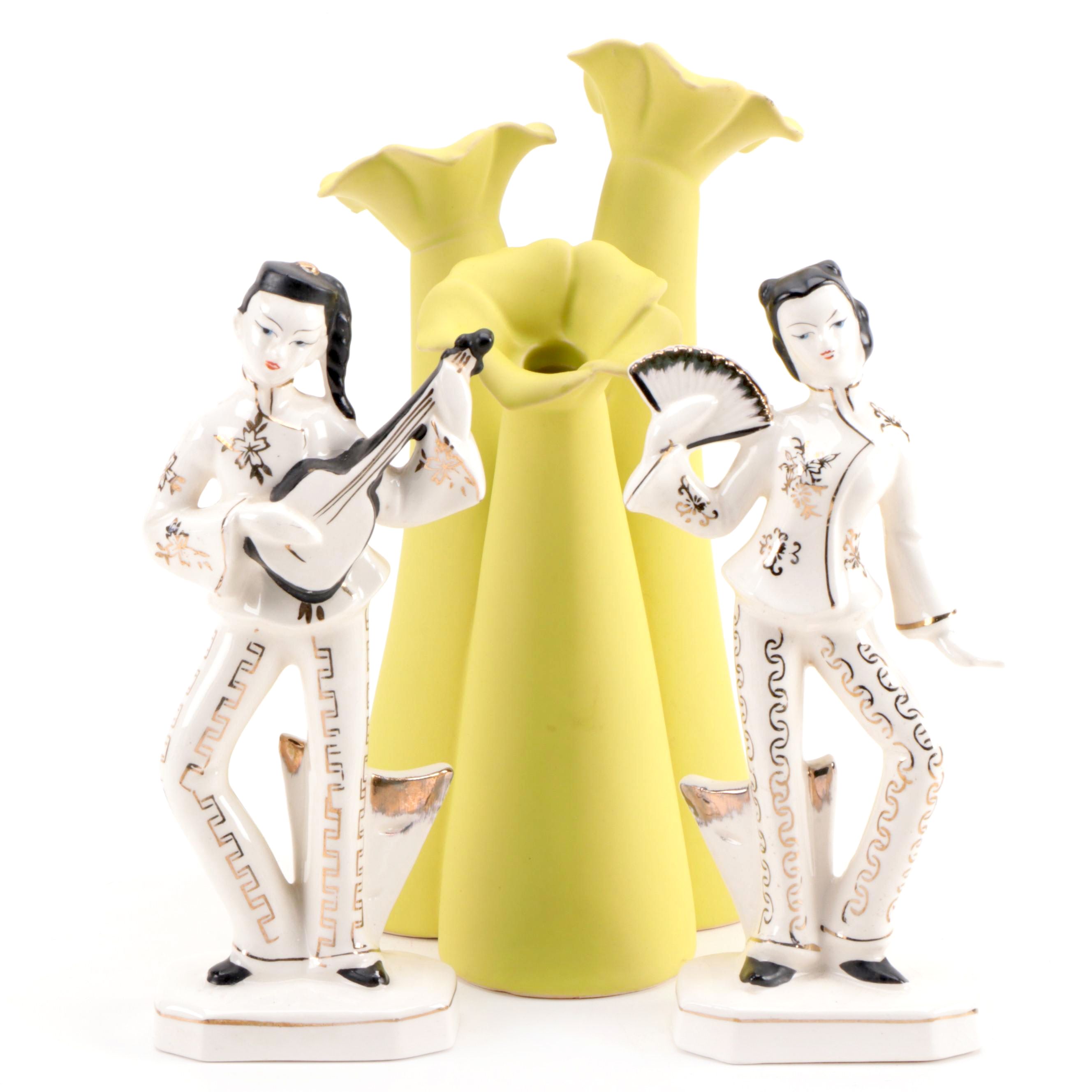 Mid-Century Japanese Artmark Ceramic Figurines with Yellow Ceramic Vase