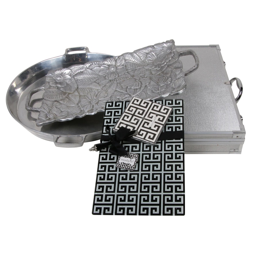 Stainless Steel Grilling Utensils with Case, Cheese Plate and Pewter Trays