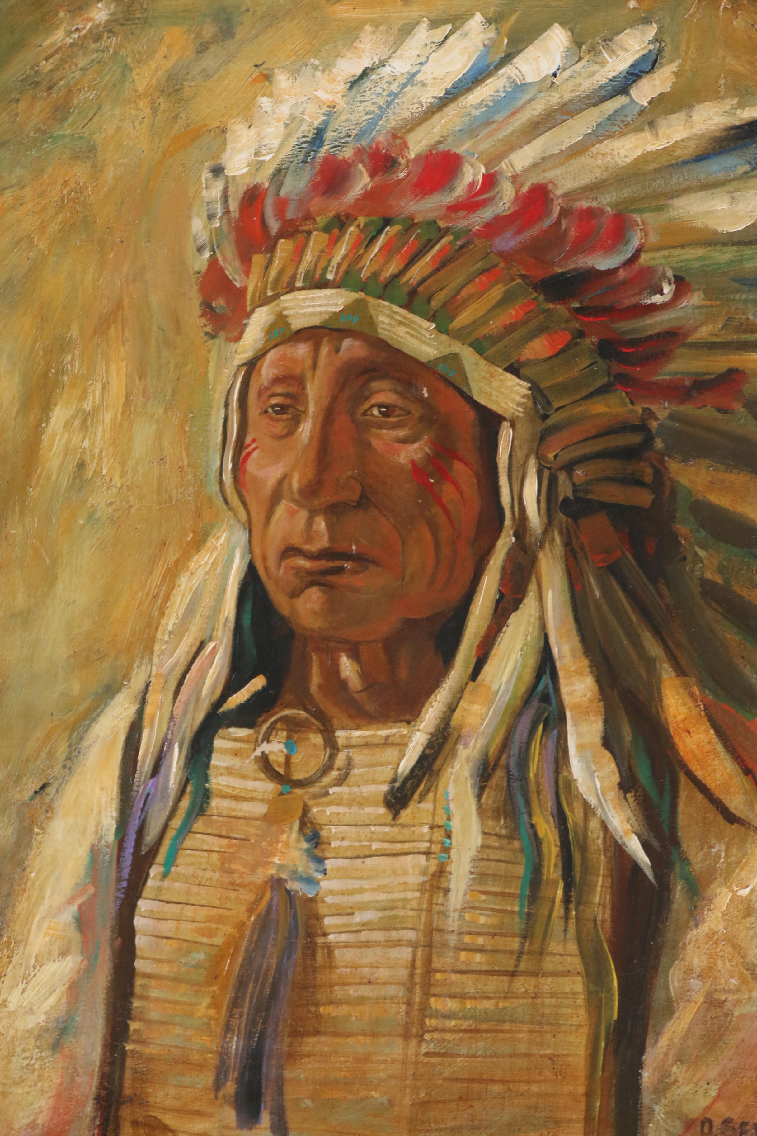 Oil Portrait of Native American in the Style of Olaf C. Seltzer