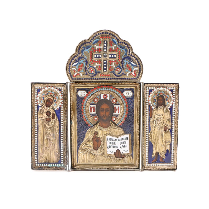 Eastern Orthodox Christ Pantocrator Enamel and Gilt Metal Icon Triptych