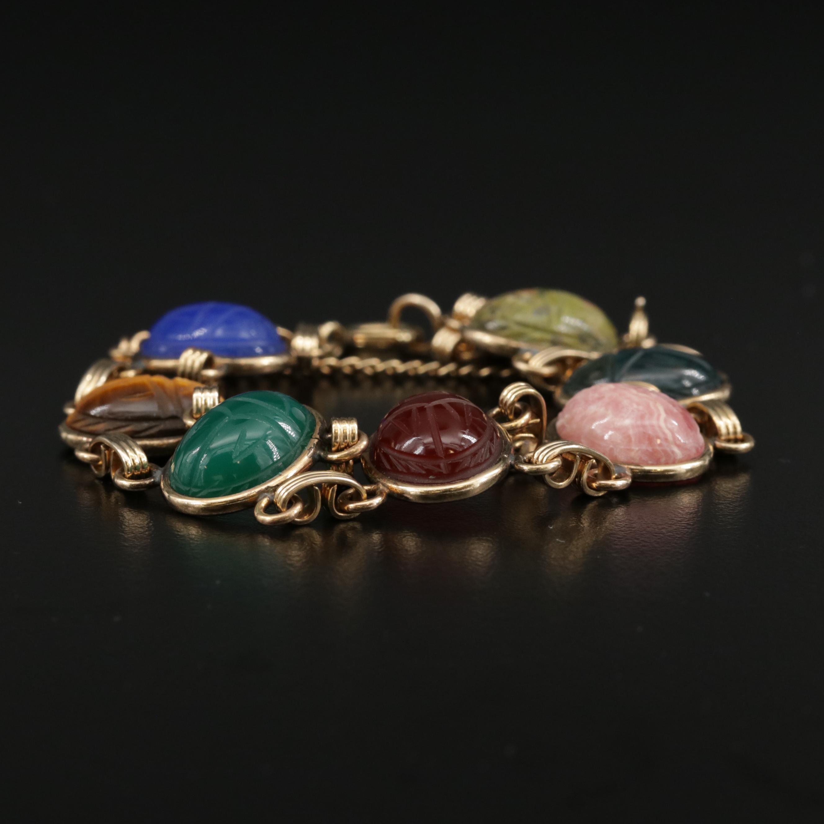 Vintage Burt Cassell Gold Filled Scarab Bracelet with Unakite and Bloodstone