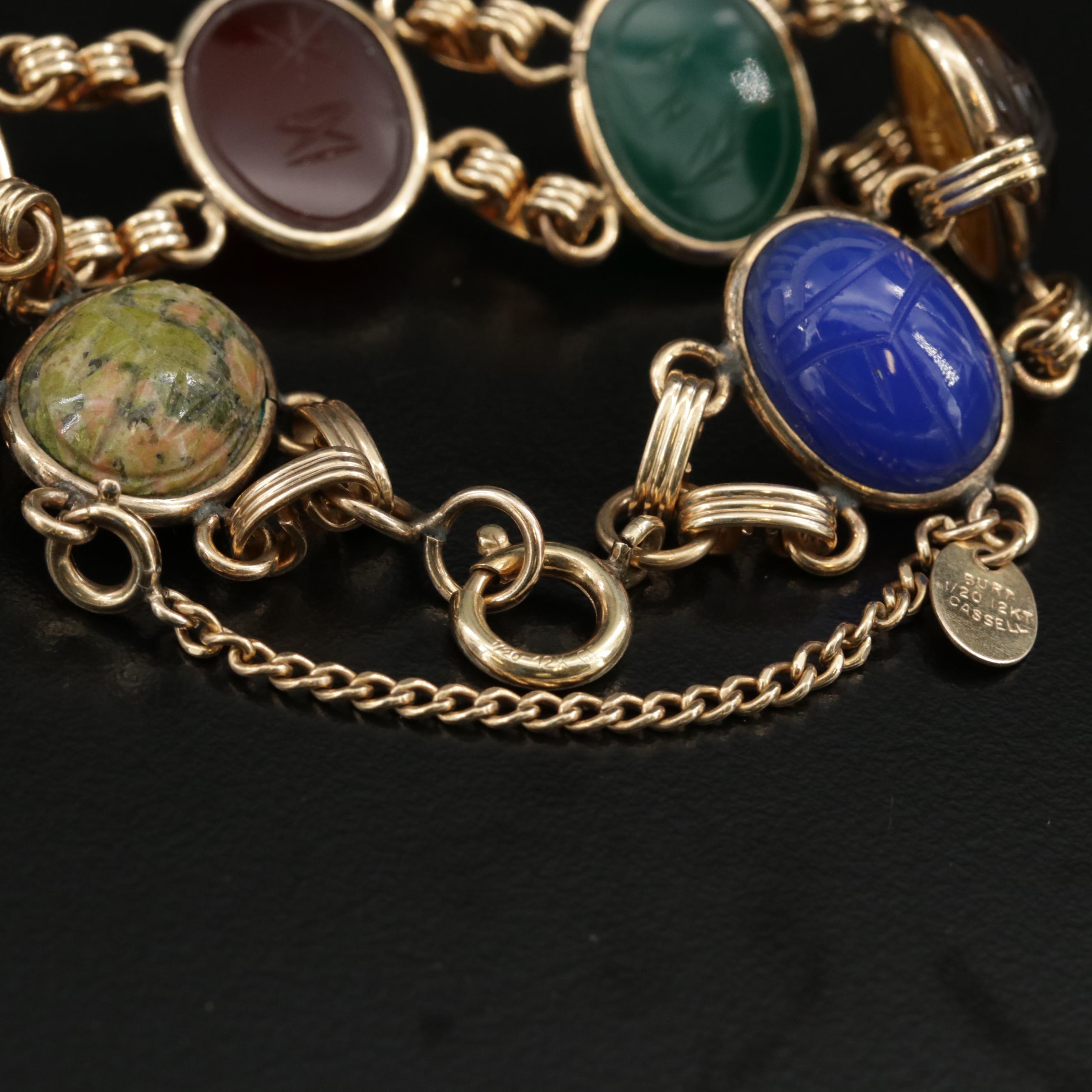Vintage Burt Cassell Gold Filled Scarab Bracelet with Unakite and Bloodstone