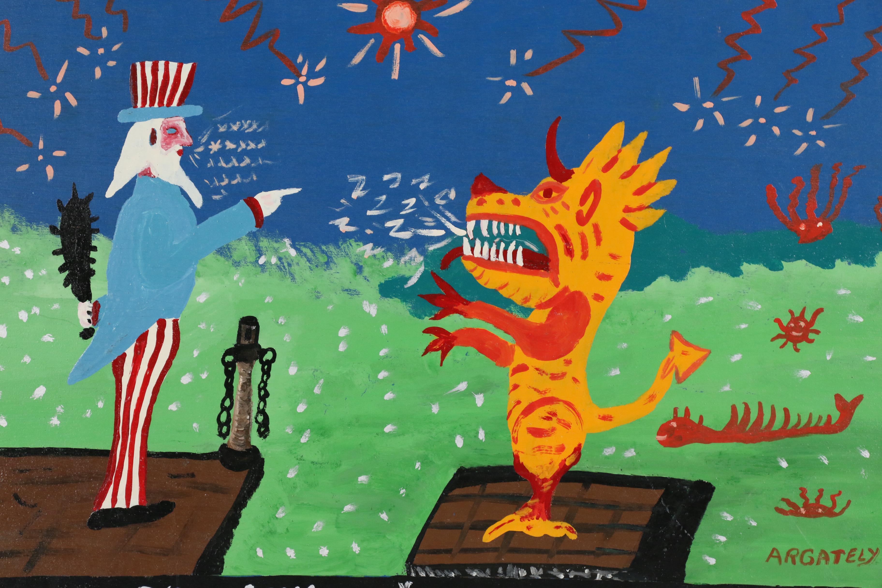 AR Gately Folk Art Acrylic Painting "Uncle Sam and the Dragon"