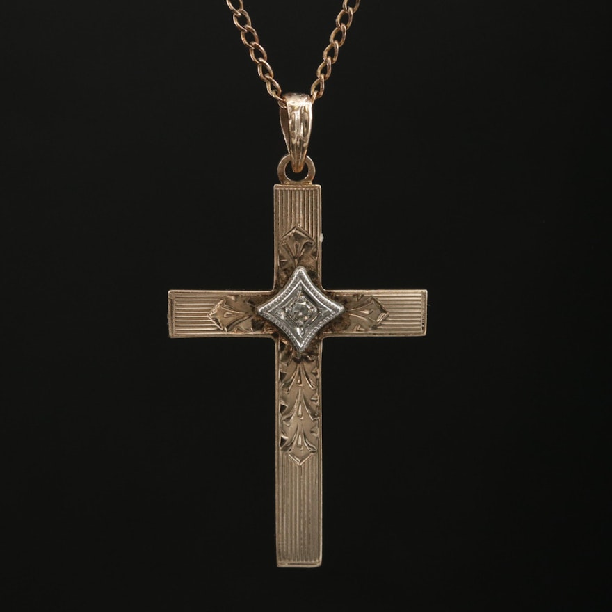 Vintage 10K Yellow Gold Diamond Cross Pendant Necklace