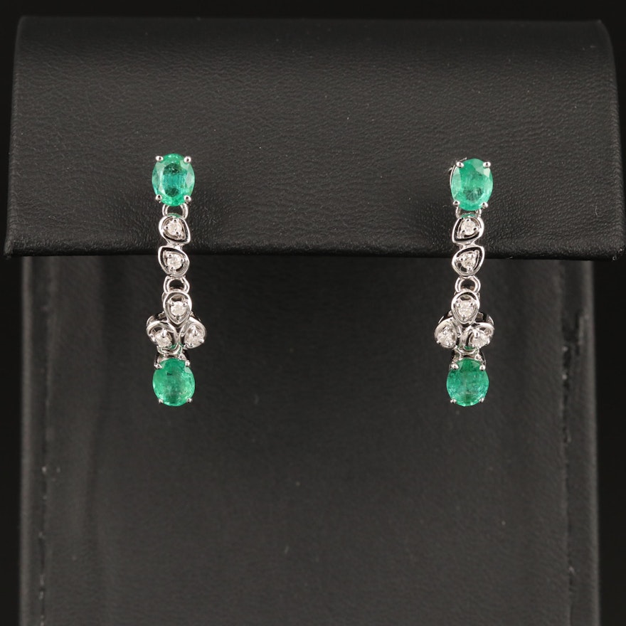 14K White Gold Emerald and Diamond Dangle Earrings