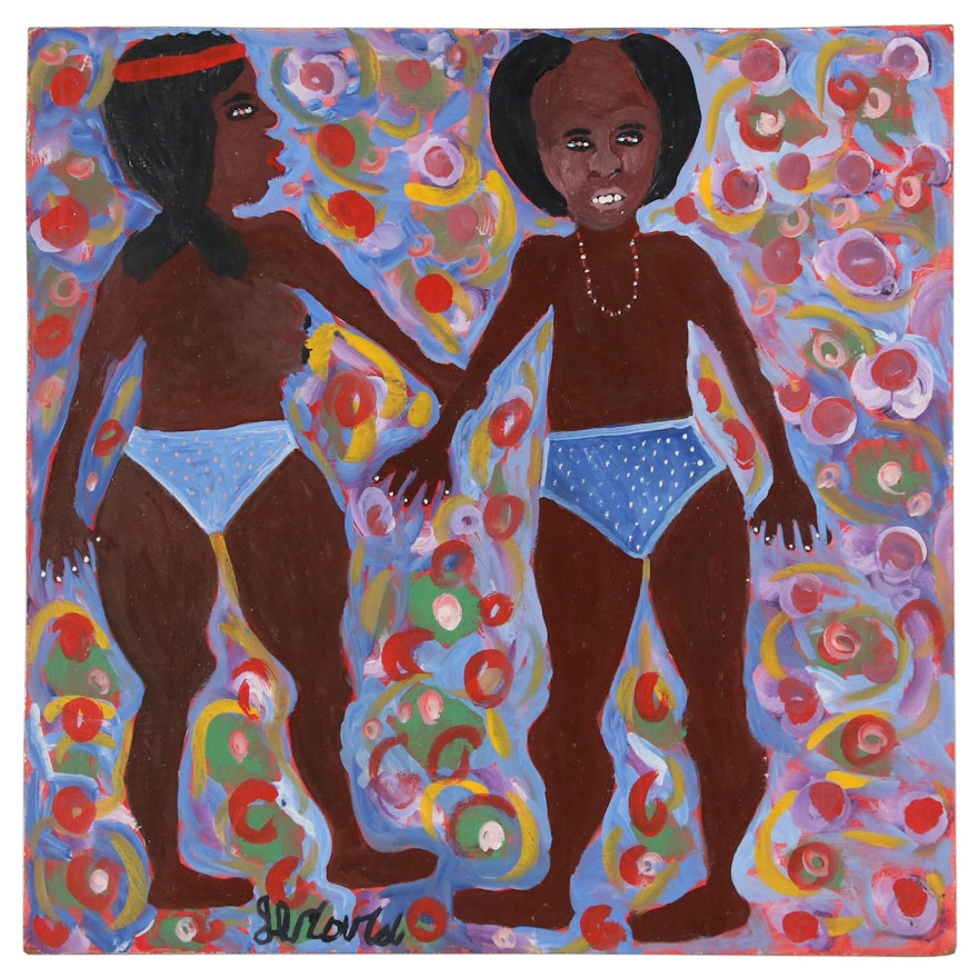 Gerard Fortuné Haitian Folk Art Acrylic Painting of Male and Female Figure