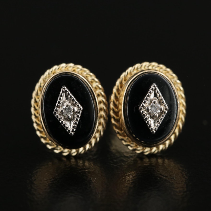 14K Yellow Gold Diamond and Black Onyx Stud Earrings