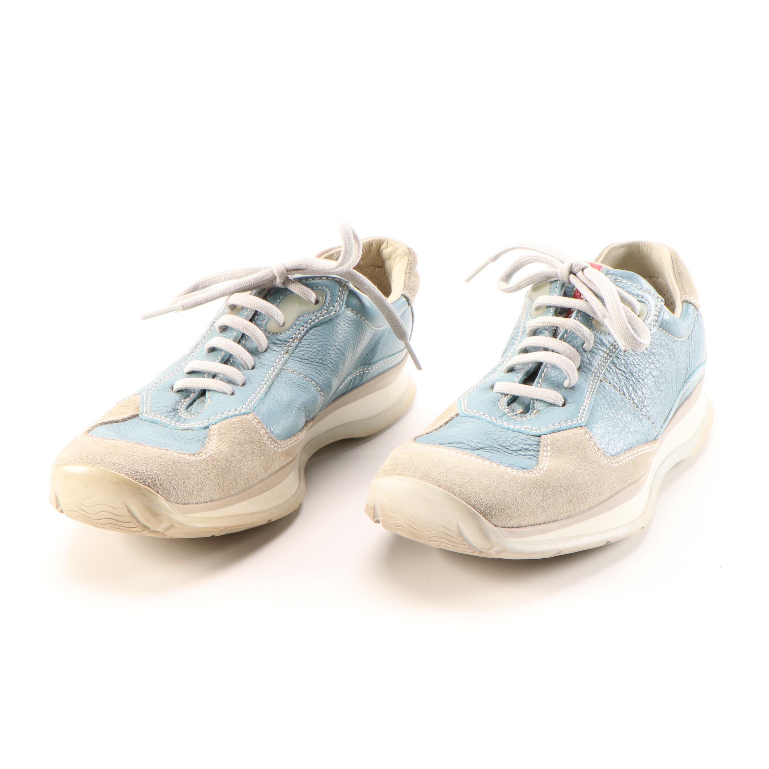 Prada Sport Light Blue Leather and Beige Suede Sneakers