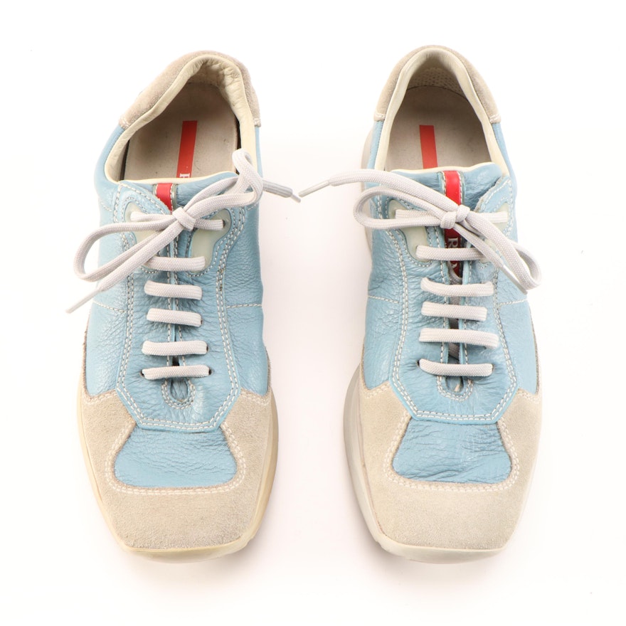 Prada Sport Light Blue Leather and Beige Suede Sneakers