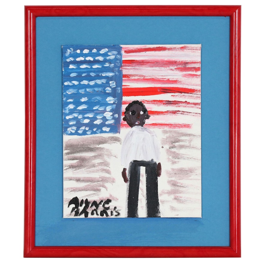 Alyne Harris Folk Art Acrylic Painting of Figure and American Flag