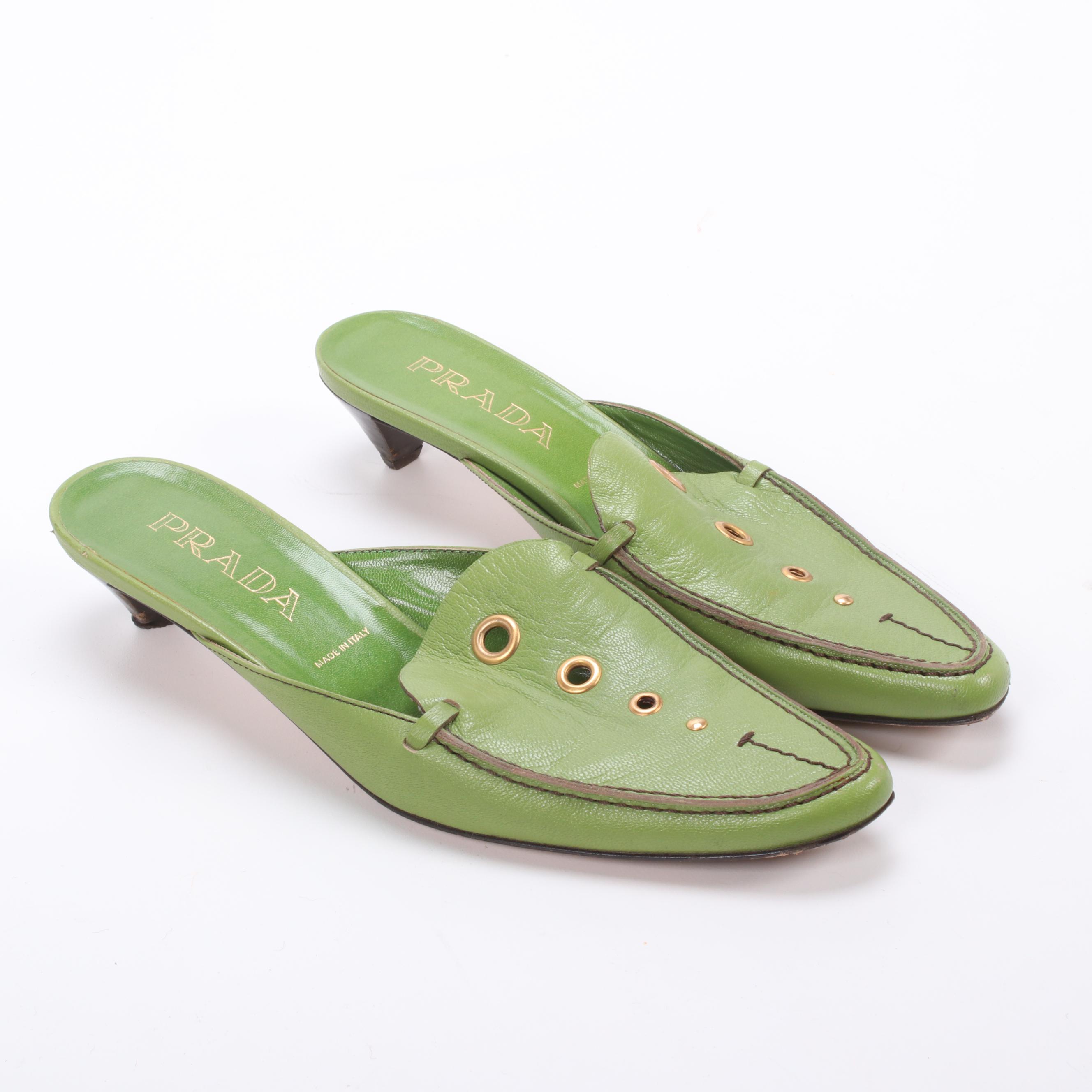 Prada Lime Green Leather Mules with Grommet Detailing