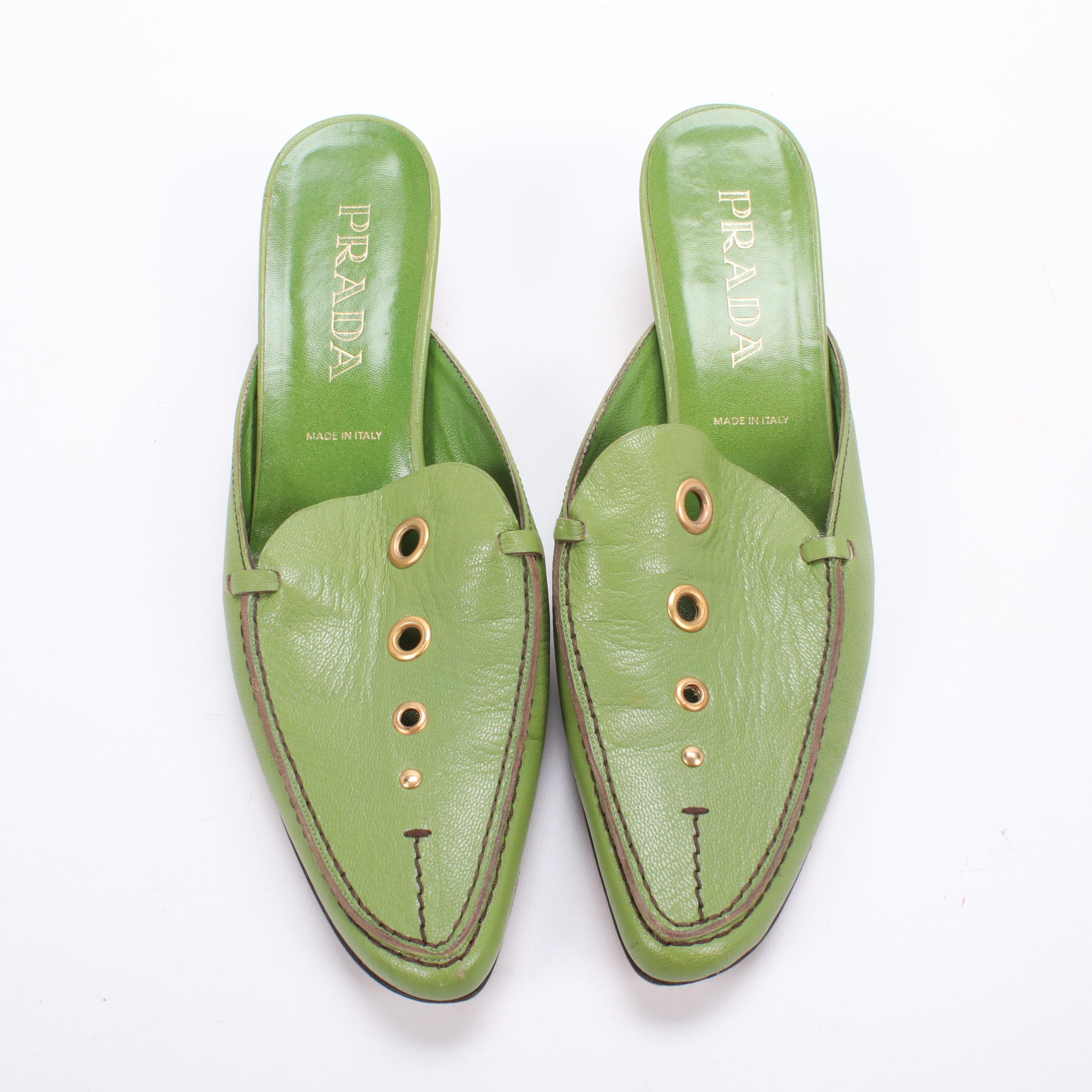 Prada Lime Green Leather Mules with Grommet Detailing