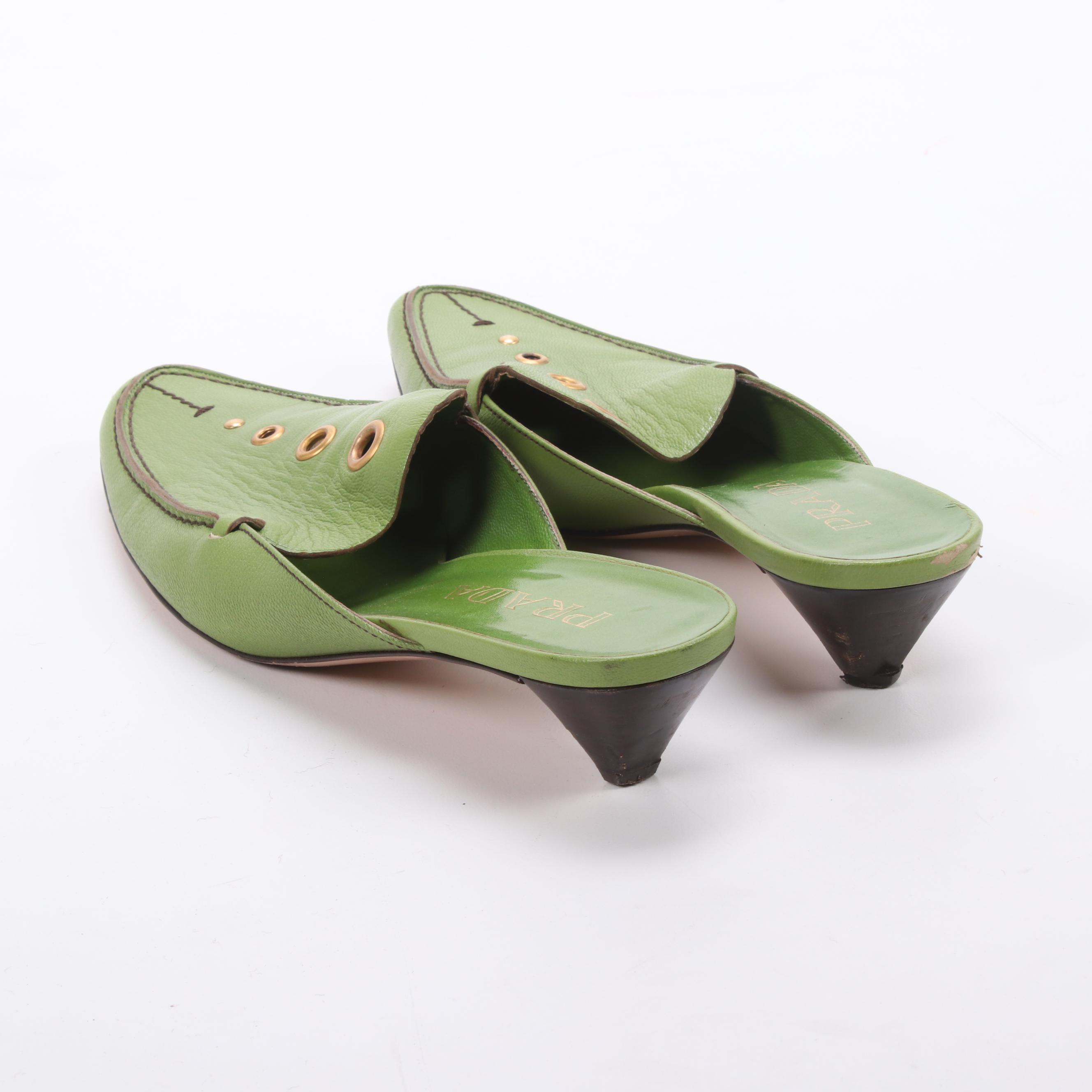 Prada Lime Green Leather Mules with Grommet Detailing