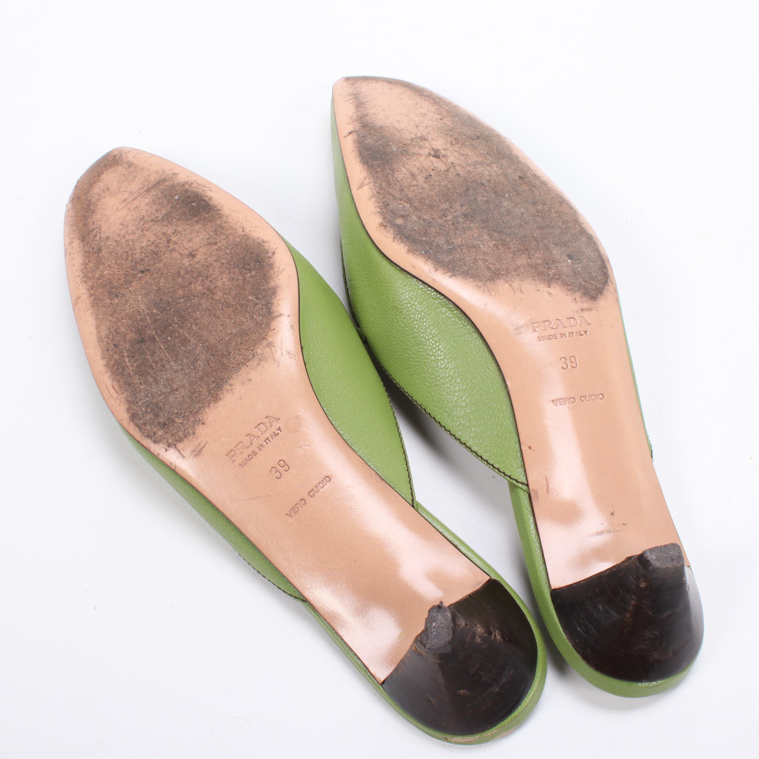 Prada Lime Green Leather Mules with Grommet Detailing