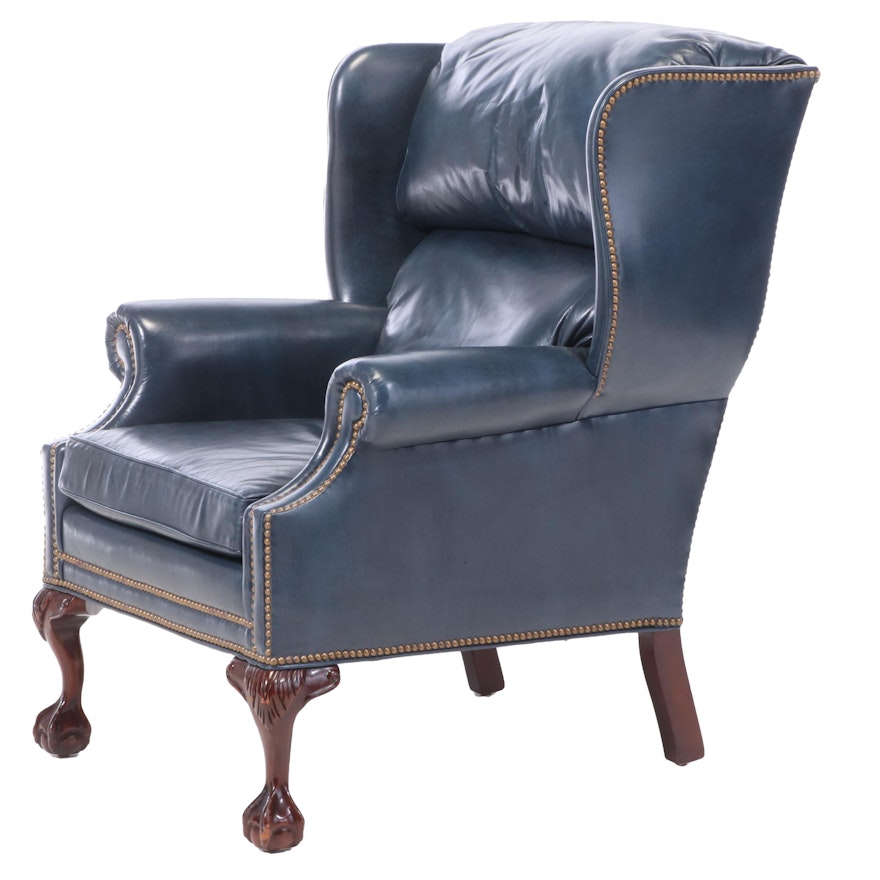 Hancock & Moore Chippendale Style Leather-Upholstered Mahogany Wingback Armchair