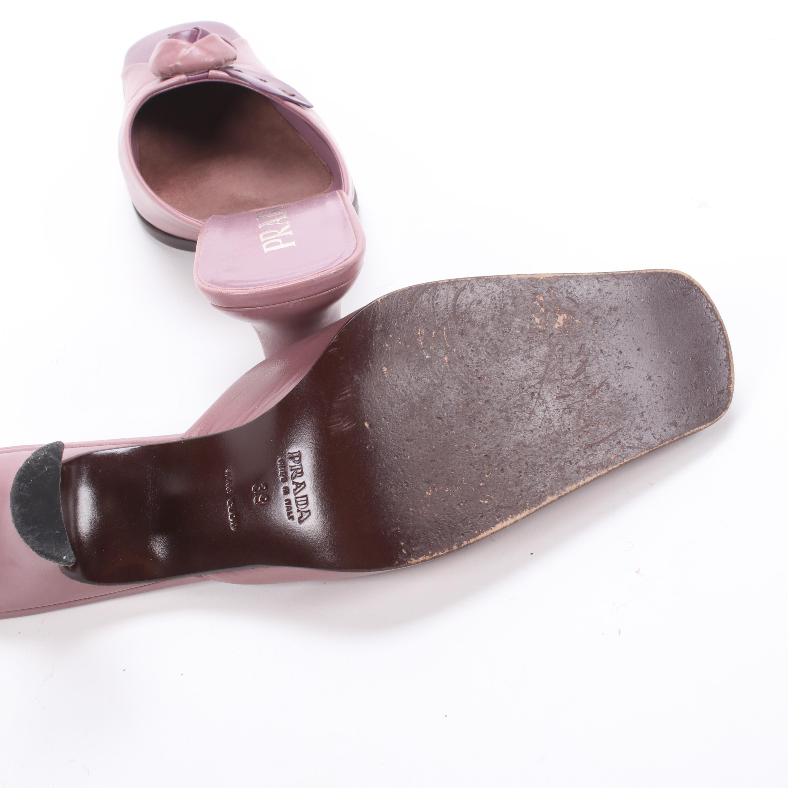 Prada Two-Tone Leather Square Toe Mules in Aubergine and Mauve with Rosettes