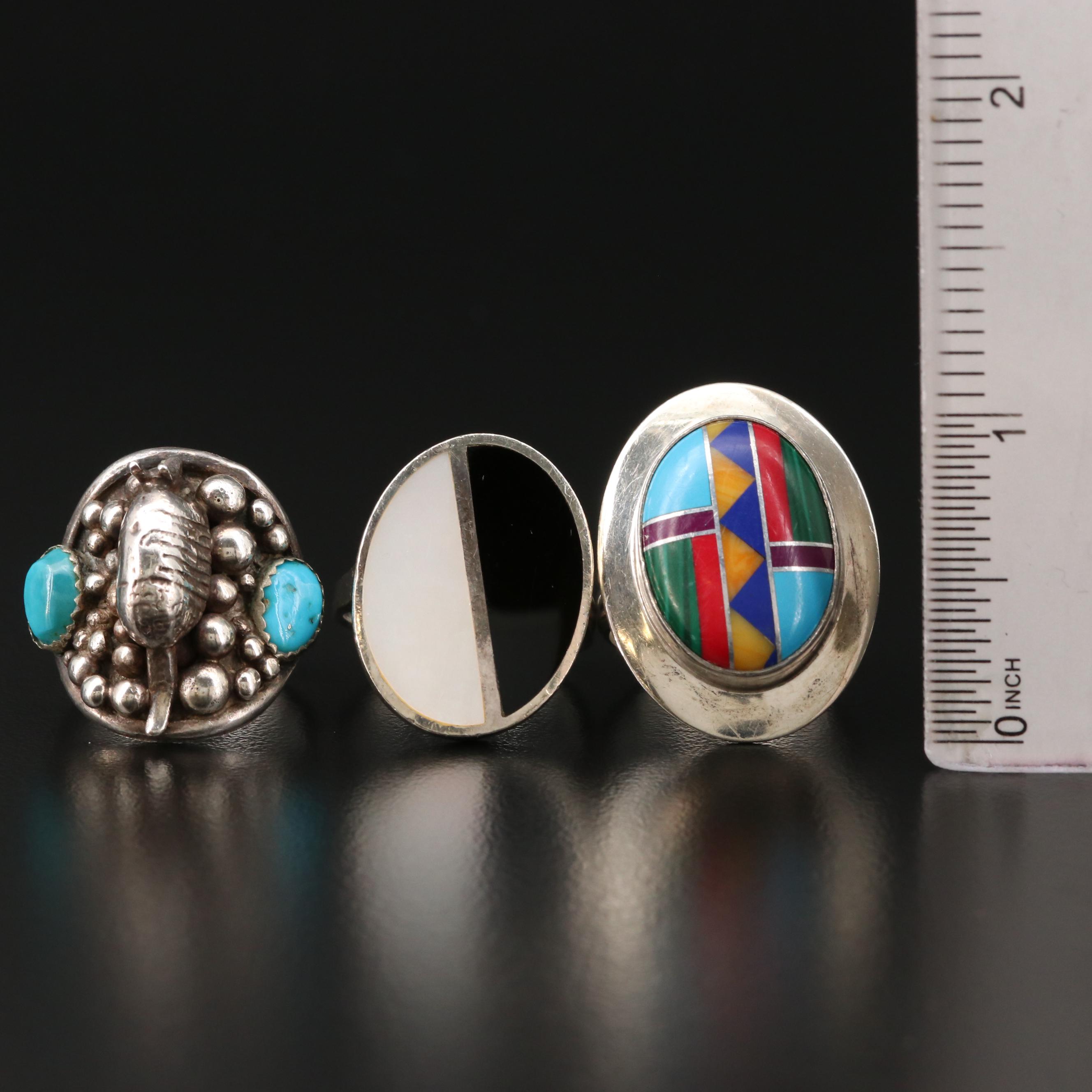 Sterling Ring Assortment with Turquoise and Inlaid Gemstones