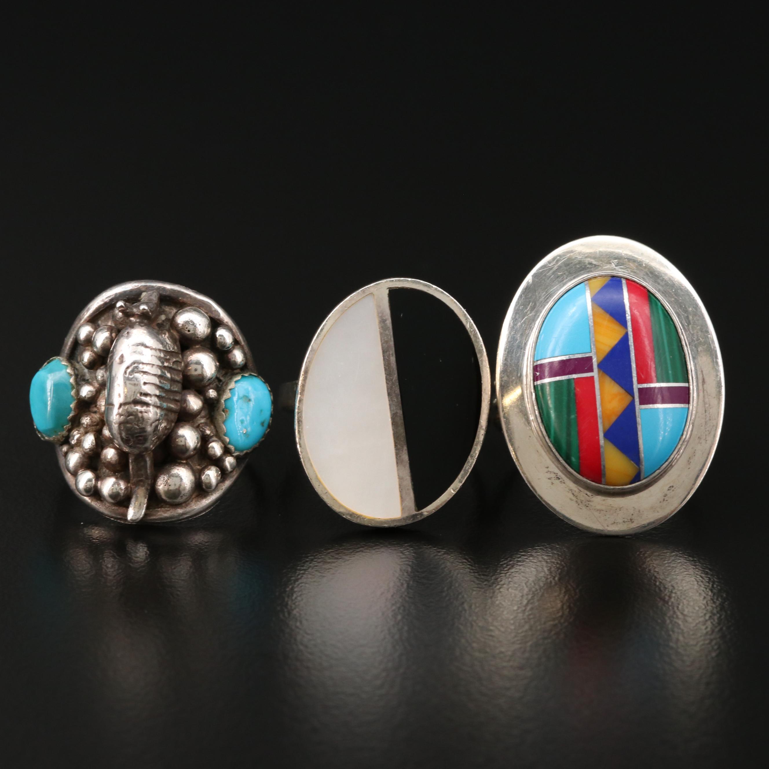 Sterling Ring Assortment with Turquoise and Inlaid Gemstones