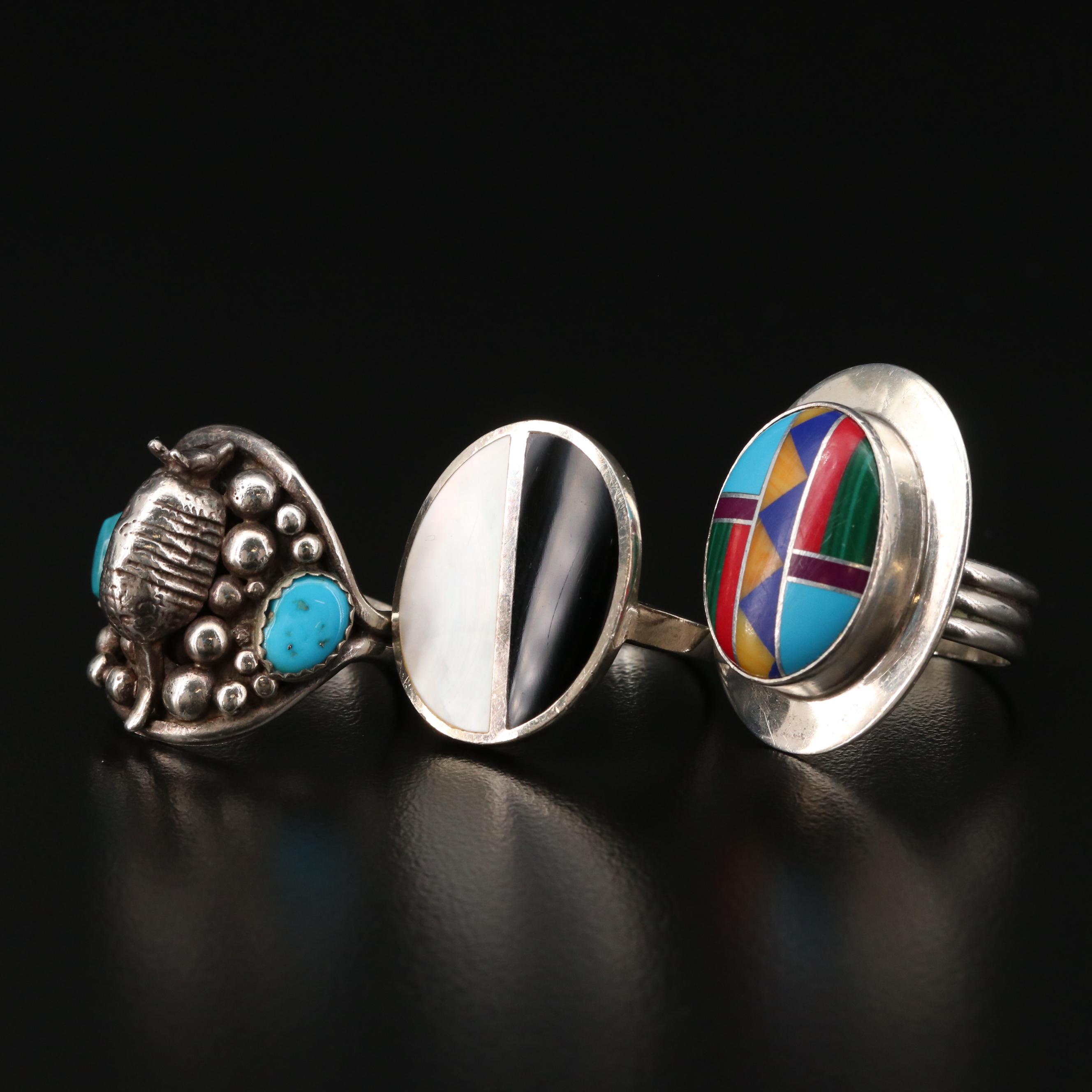Sterling Ring Assortment with Turquoise and Inlaid Gemstones