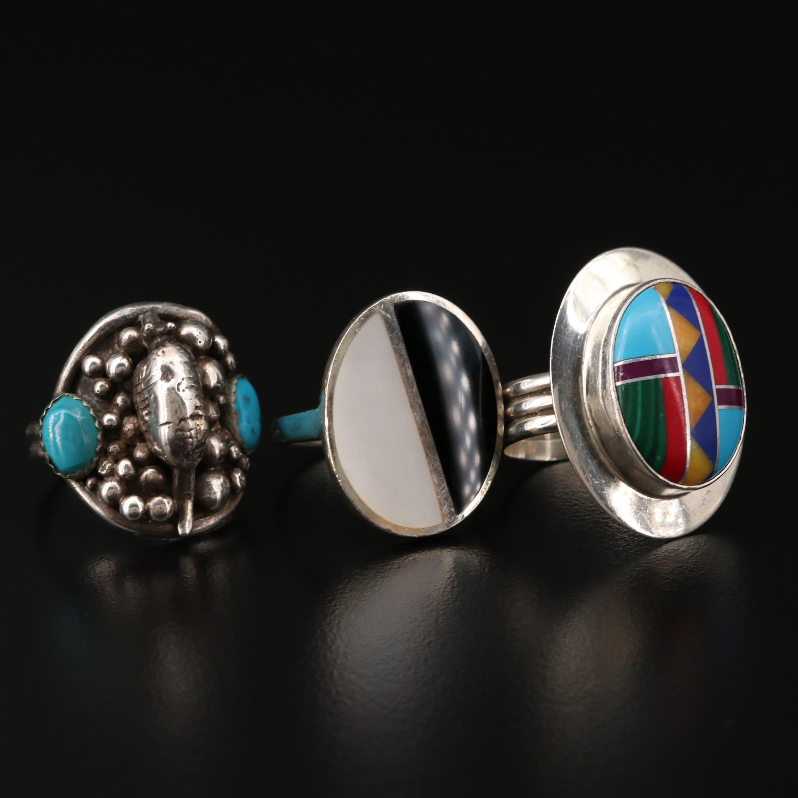 Sterling Ring Assortment with Turquoise and Inlaid Gemstones