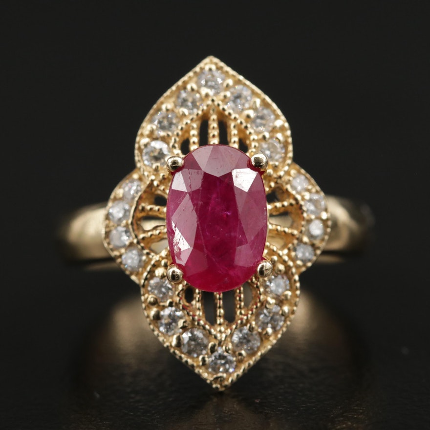 14K Yellow Gold Ruby and Diamond Ring with Milgrain Detail