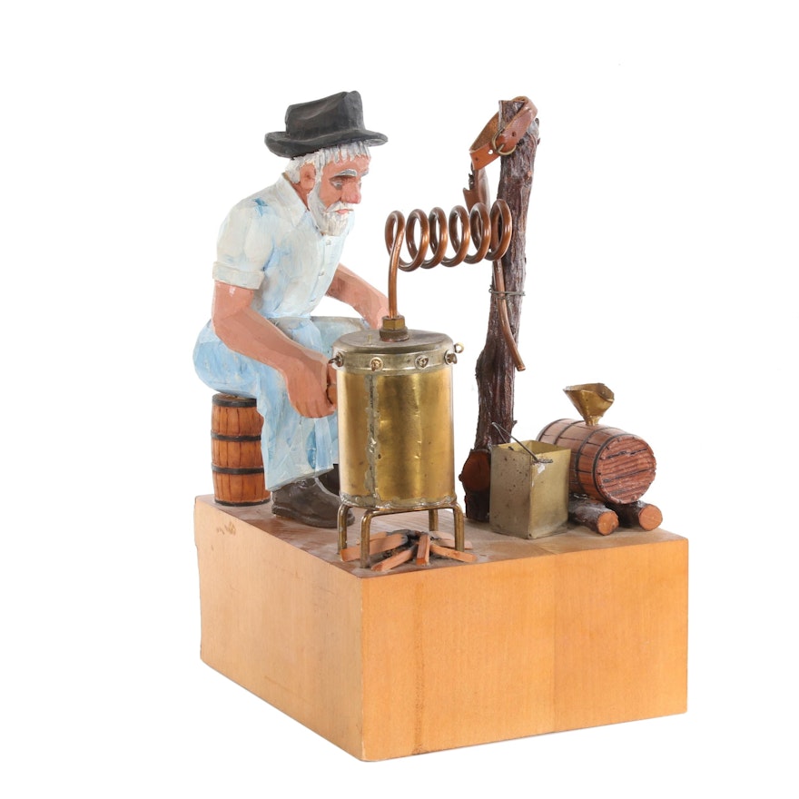 A.G. Burt Jr. Folk Art Carved Wood and Mixed Media Sculpture "Moonshiner", 1977