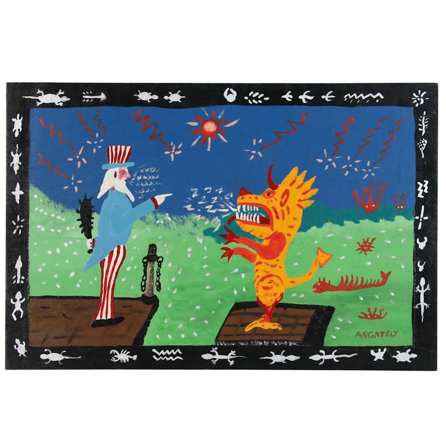 AR Gately Folk Art Acrylic Painting "Uncle Sam and the Dragon"