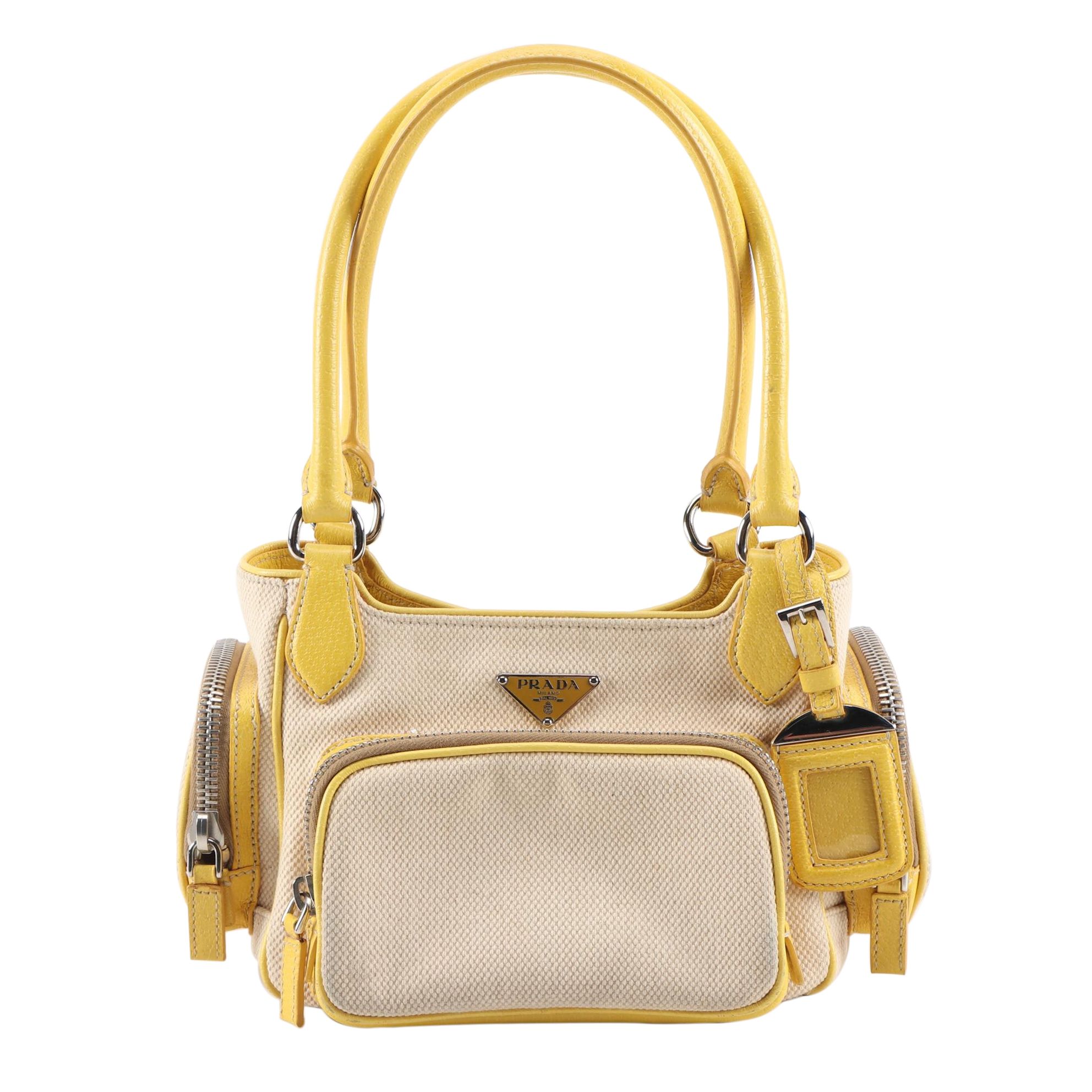 Prada Shoulder Bag in Canapa Canvas and Yellow Cinghial Leather
