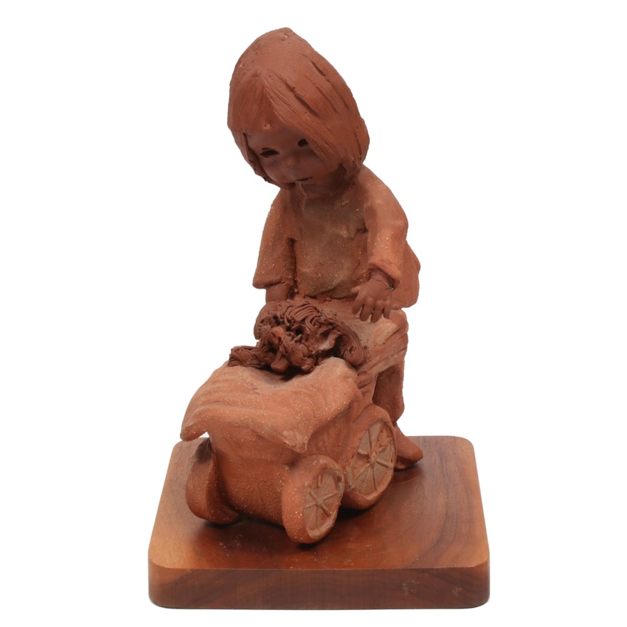 Ann Entis Clay Sculpture of Girl Pushing Dog in Stroller
