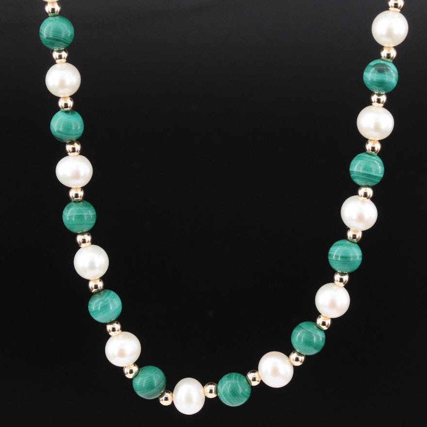 14K Yellow Gold Malachite and Pearl Beaded Necklace
