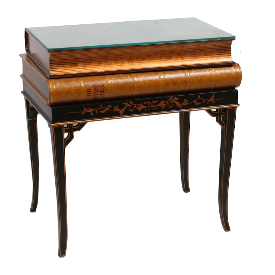 Neoclassical Style Ebonized Stenciled Wood Book-Themed Storage Table