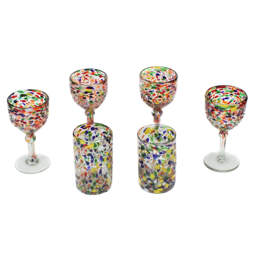 Mexican Blown Glass Confetti Textured Glass Goblets and Tumblers