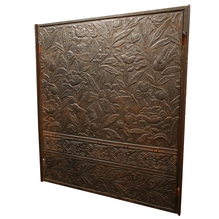 Cast Iron Floral Relief Fireplace Screen Panel, Early 20th Century