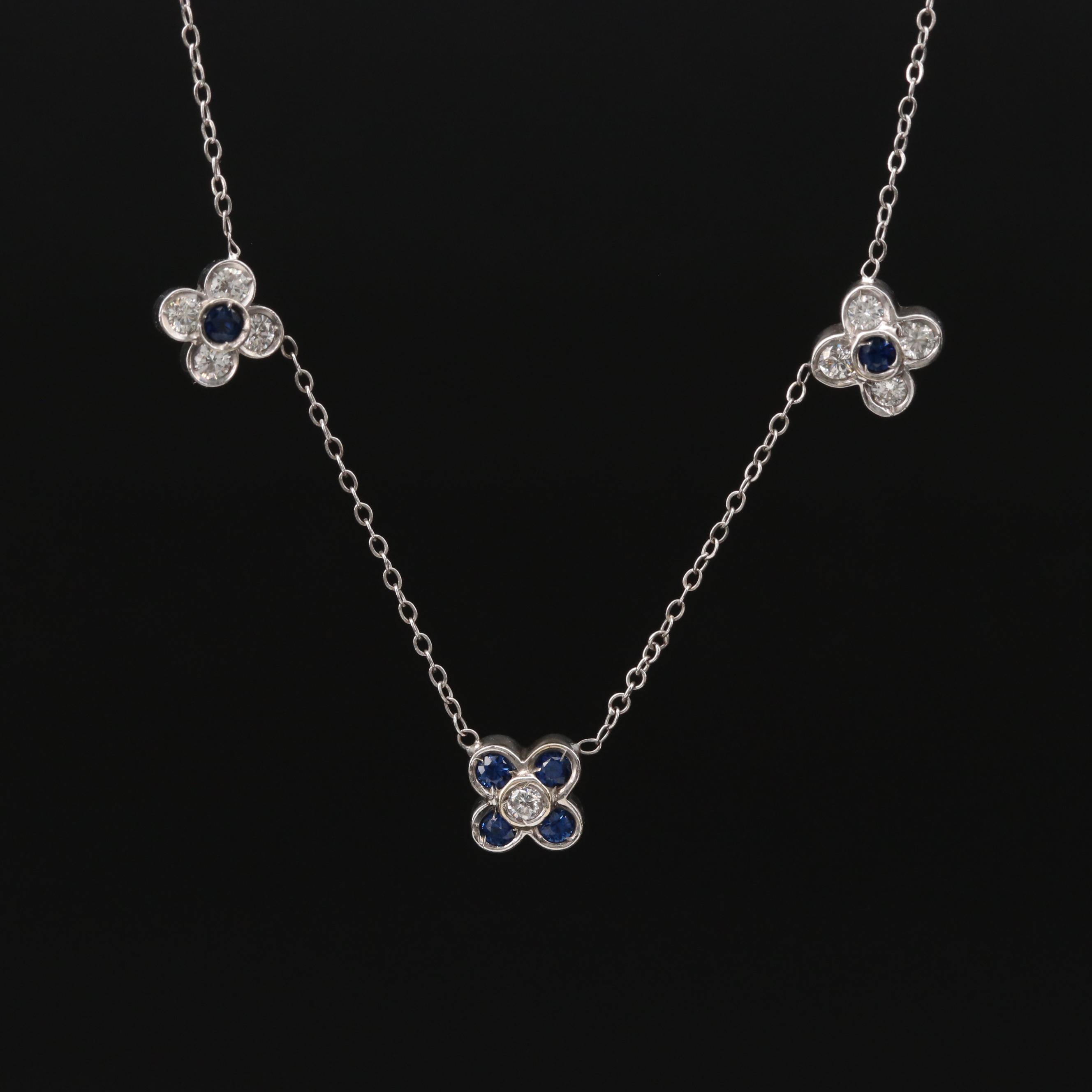 14K White Gold Diamond and Sapphrie Station Necklace