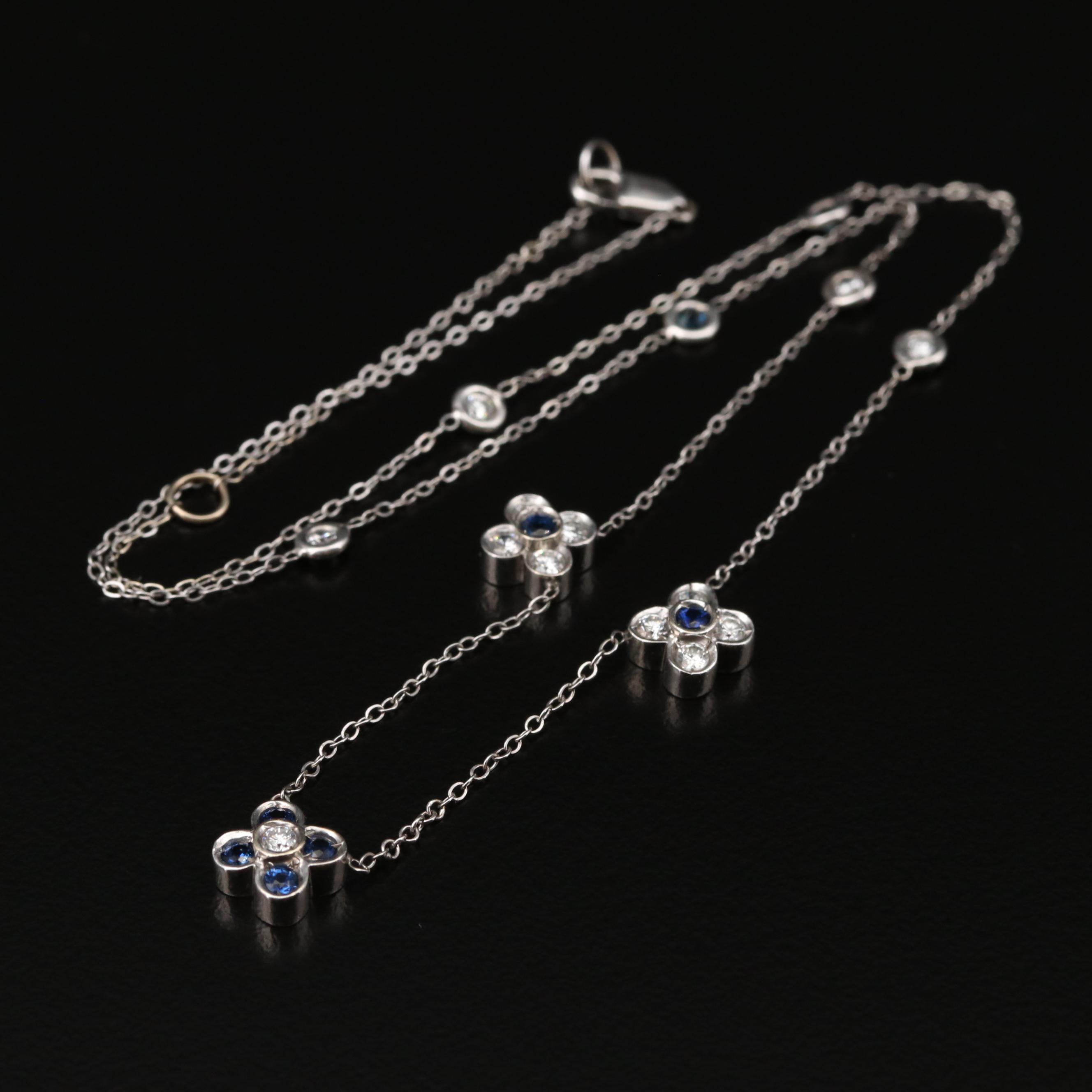 14K White Gold Diamond and Sapphrie Station Necklace