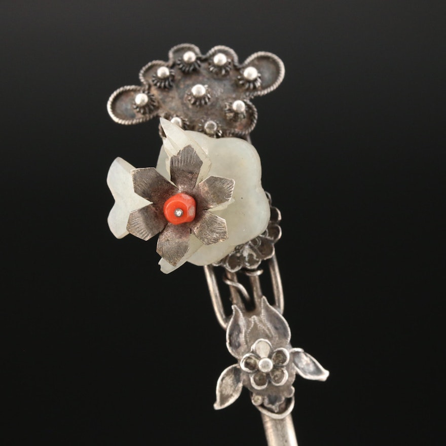 Vintage Sterling Silver Coral and Nephrite Hair Pin