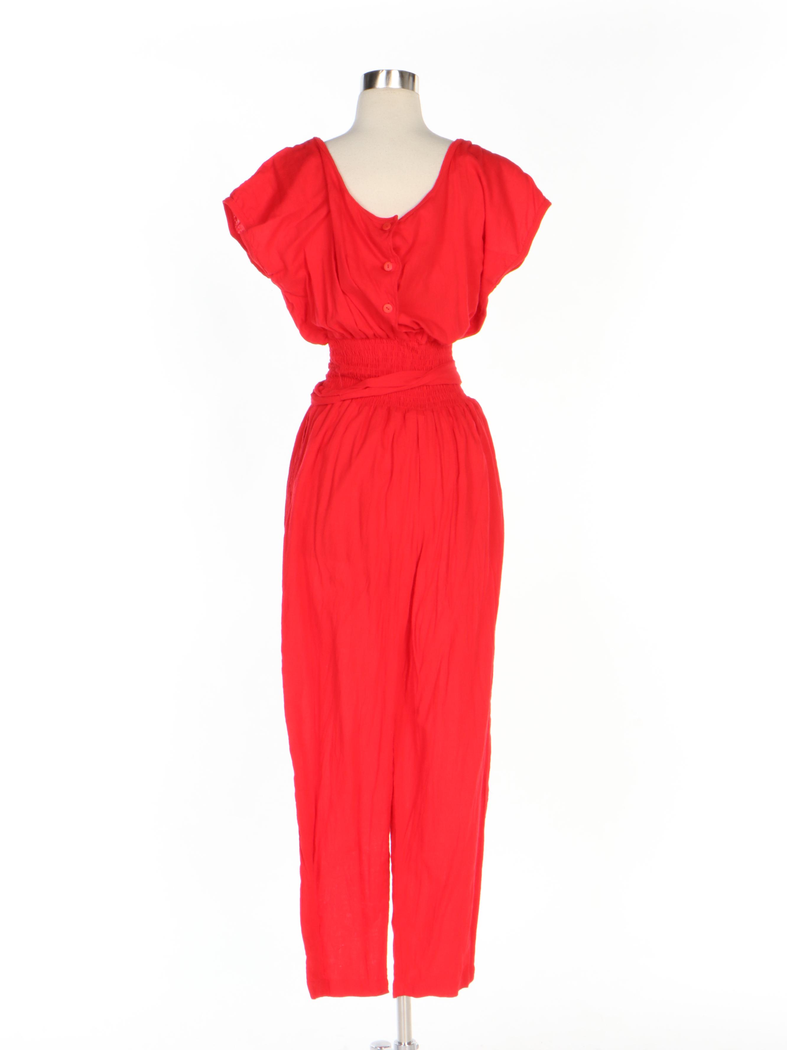 Cole Sport for Saks Fifth Avenue Red Cotton Jumpsuit with Smocked Waistband