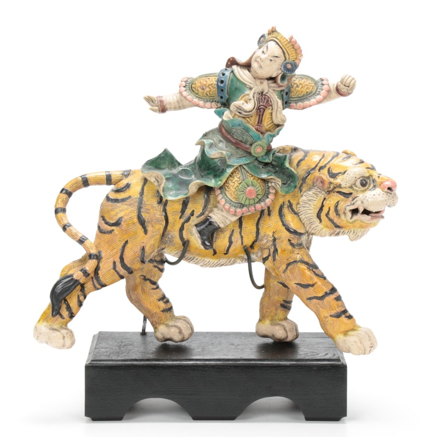 Chinese Qing Dynasty Figural Ceramic Tiger Roof Tile