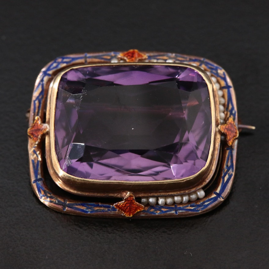 Early 1900s 14K Yellow Gold Amethyst, Seed Pearl and Enamel Bezel Brooch