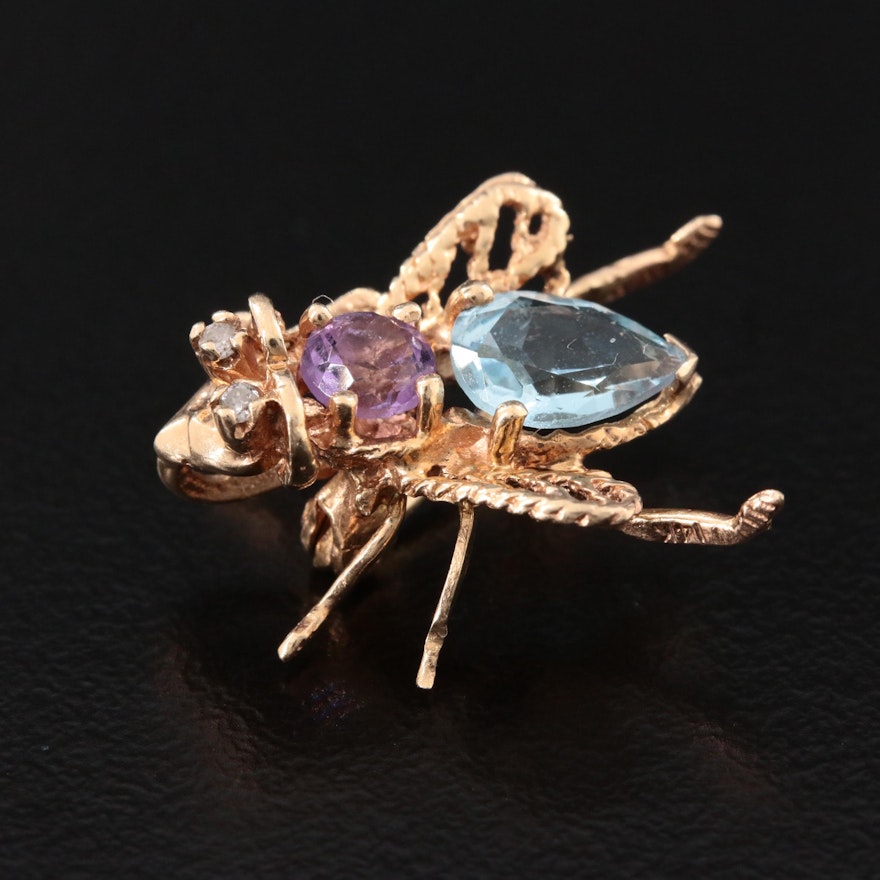 Vintage 14K Topaz, Amethyst and Diamond Fly Converter Brooch