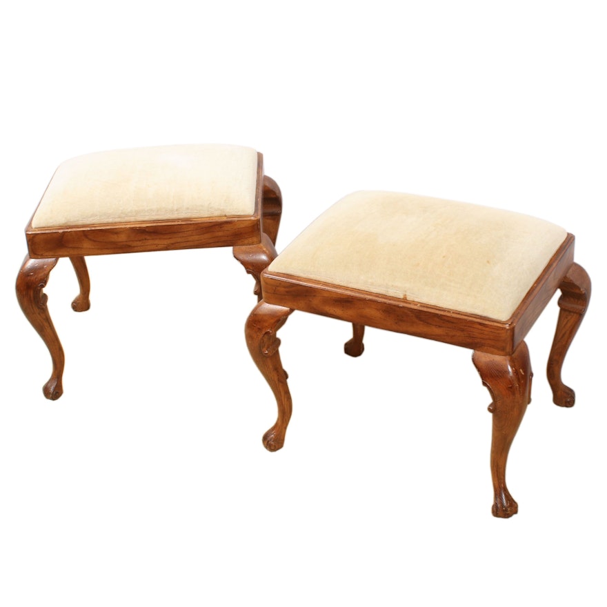 Pair of French Provincial-Style Chenille-Upholstered Oak Benches, Late 20th C.