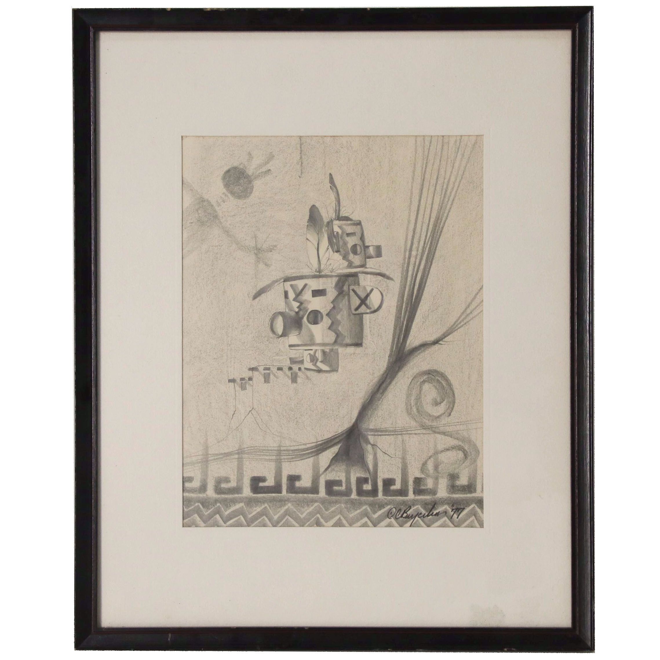 Pueblo of Zuni Mask Graphite Drawing, 1977