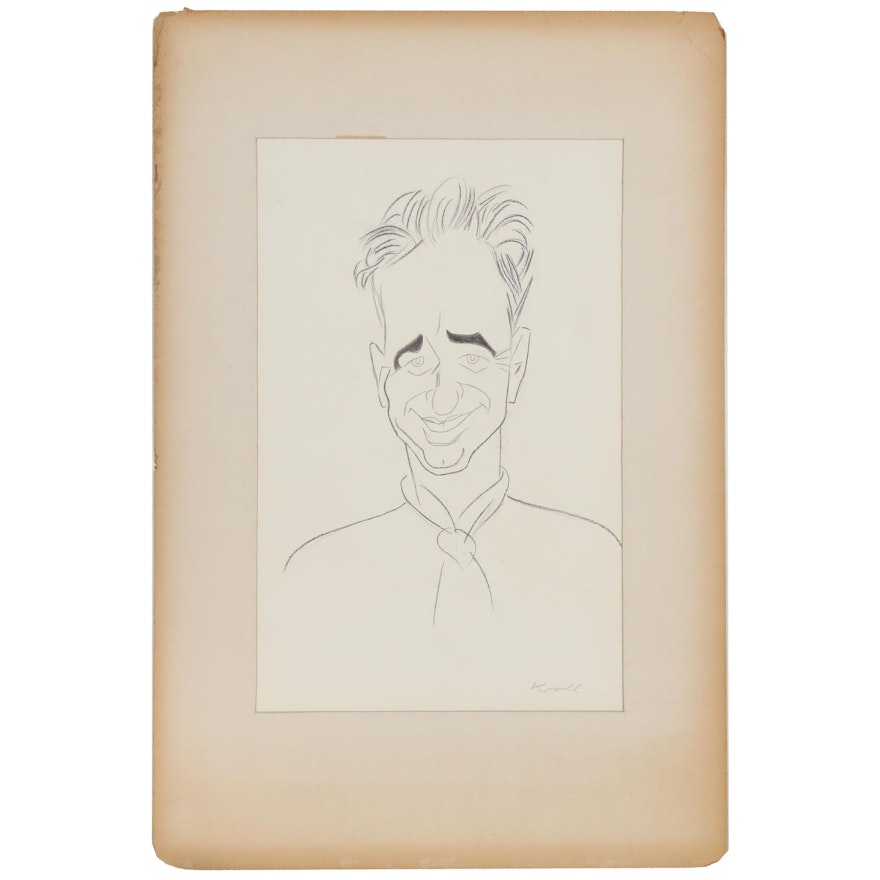 Julius Kroll Pastel Caricature Drawing "Elia Kazan", Mid-20th Century