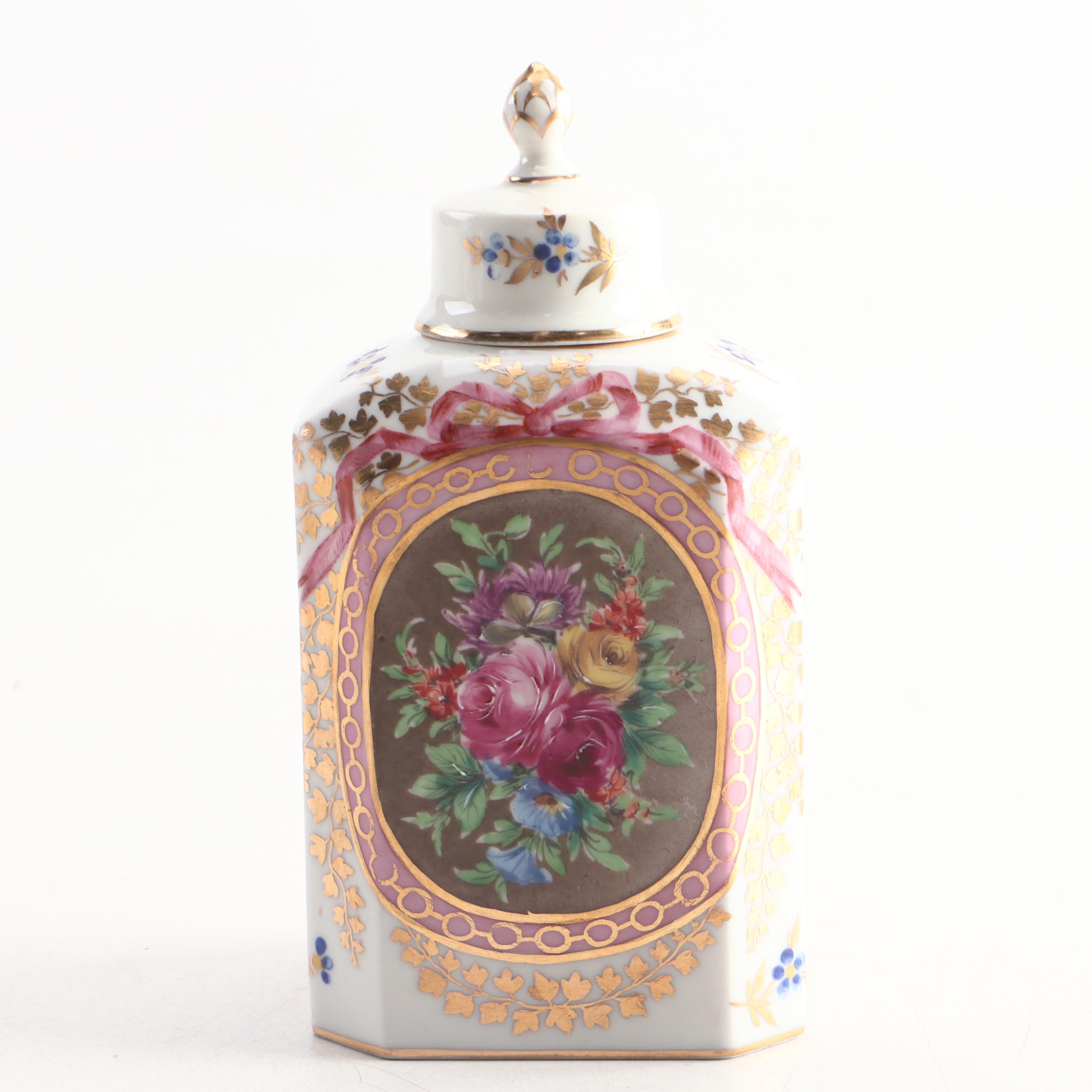 Nast Hand-Painted Porcelain Tea Caddy with Porcelain Tea Pot and Creamer
