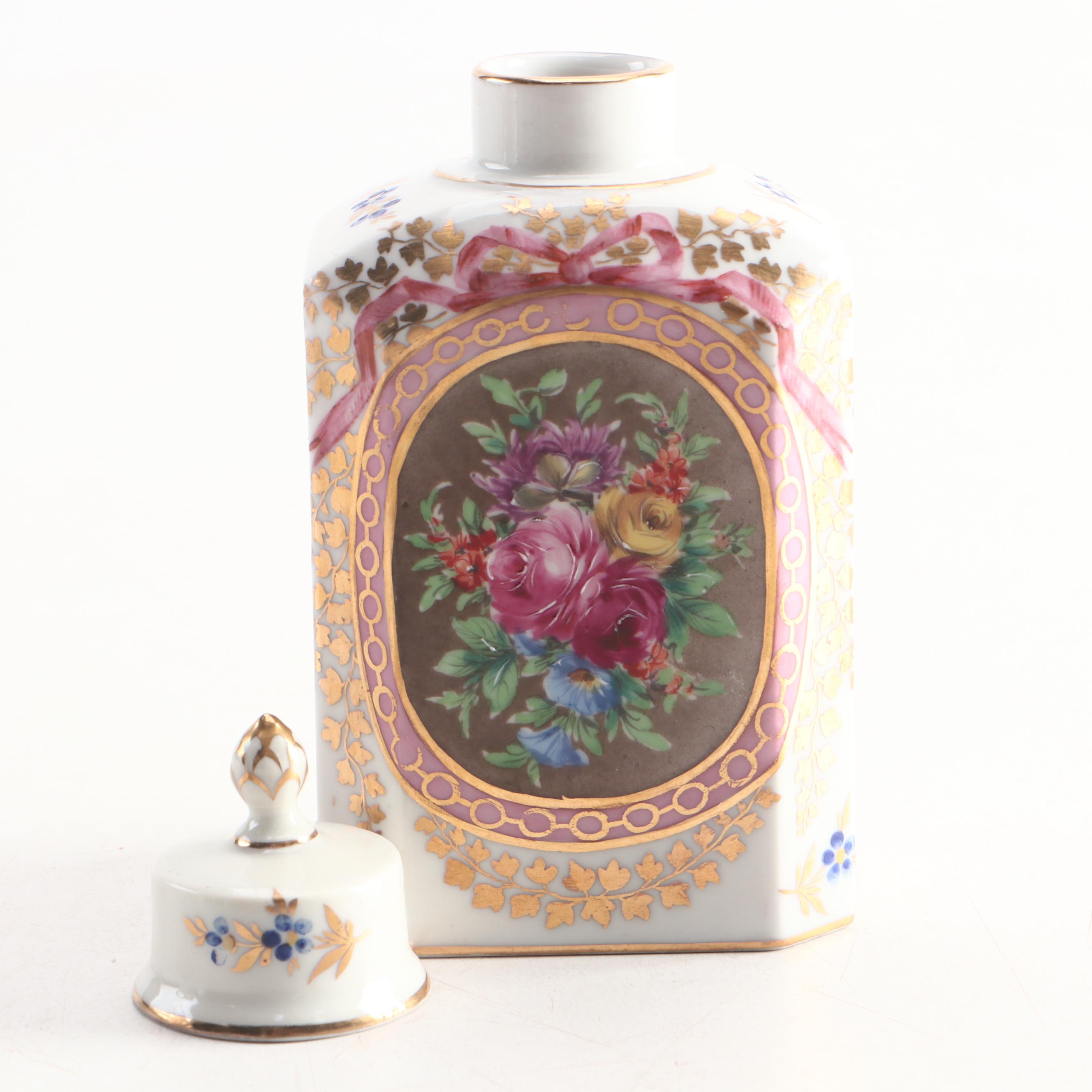 Nast Hand-Painted Porcelain Tea Caddy with Porcelain Tea Pot and Creamer